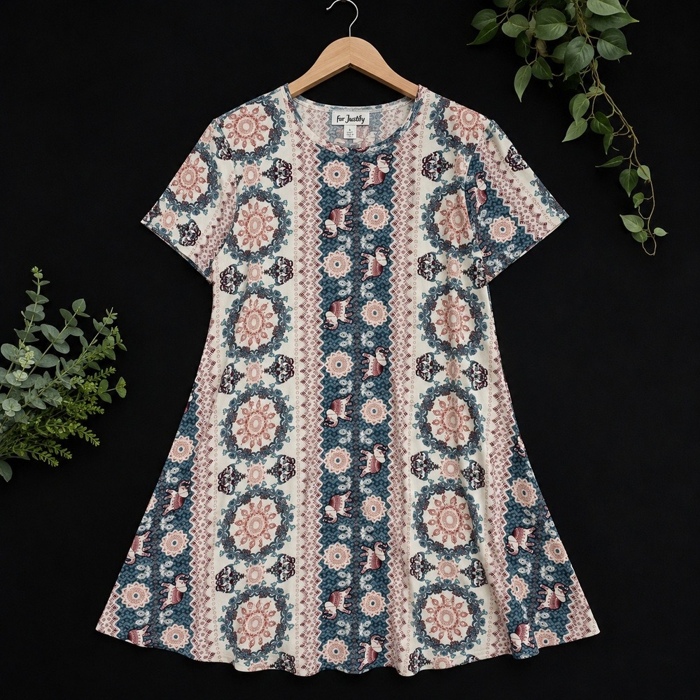 Women's Large whimsical elephant medallion boho butter soft t-shirt swing dress